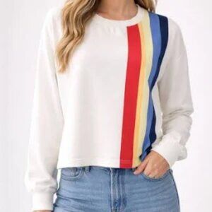 Marine Layer XL White Long Sleeve T/Shirt  Rainbow Stripe Colorful
